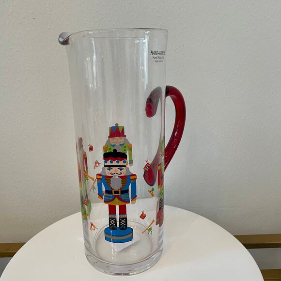 Hand Painted CHRISTMAS Nutcracker Glass Pitcher Chic Holiday Barware New - Picture 8 of 12